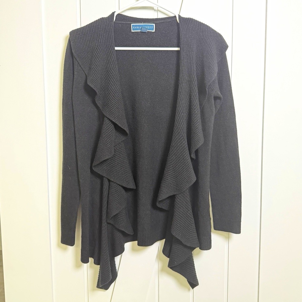 Karen Scott Black Ruffle Open Front Cardigan Size XS Whimsigoth Dark Academia